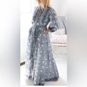 Tuckernuck Marea Blue and White Floral Blockprint Maxi Dress